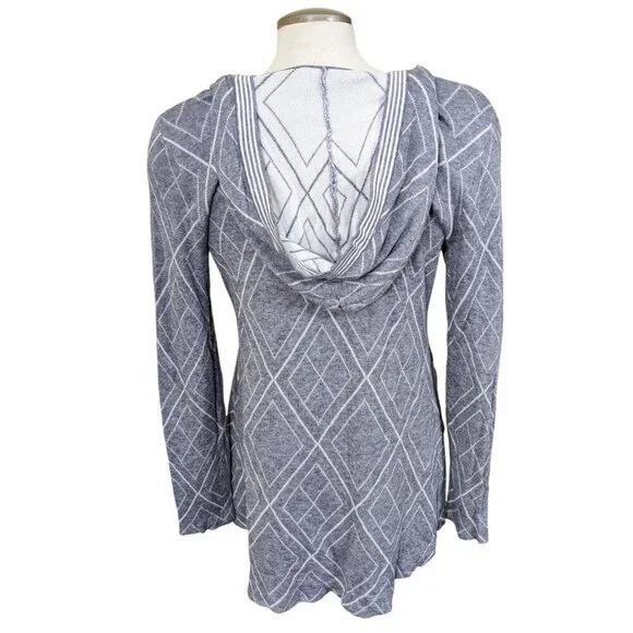 Belldini Open Front Hooded Cardigan Sweater Womens Size M Gray White Geo Print - Picture 2 of 8